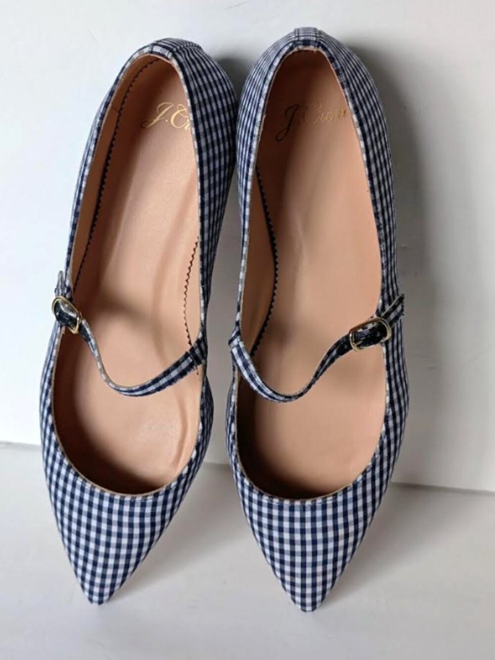 J. Crew Gingham Pointed Toe Mary Jane Flats Navy White 7 NIB - Picture 6 of 9